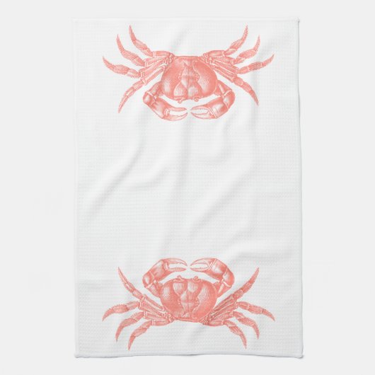 Crab Woodblock Print Artisan Style Coral Theedoek (Verticaal)
