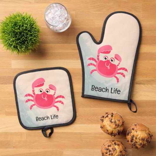 Crabby Crab Design Oven Mitt & Pot Holder Set (Top down)