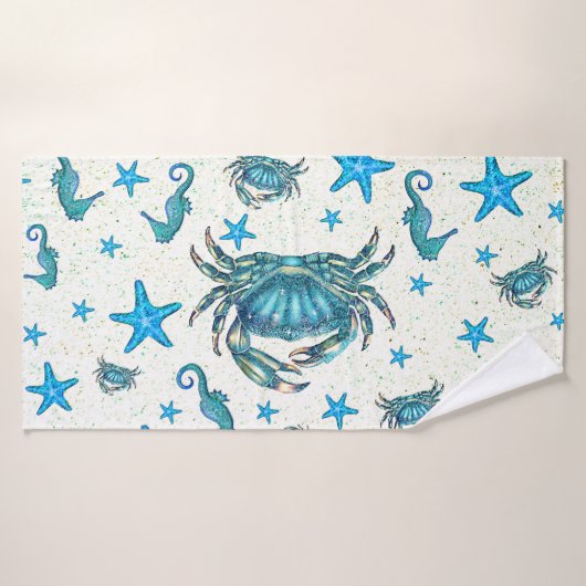 Crabe bleu moderne étoile de mer hippocampe paille (Serviette de bain)