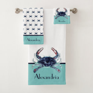 Crabe marine bleu Turquoise blanc Serviette de bai