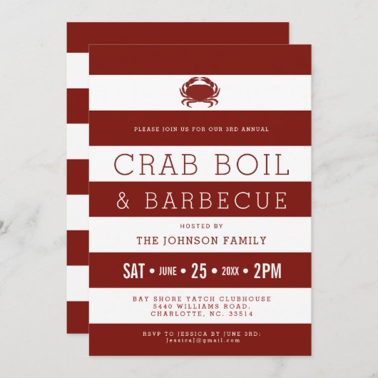 Crabe rouge bouillant| Invitations blanches (Devant / Derrière)