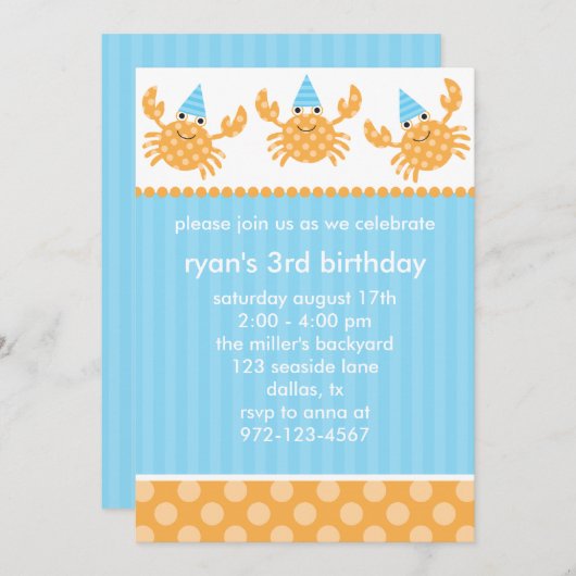 Crabes de fête Invitations d'anniversaire (Devant / Derrière)