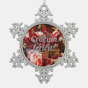 Crăciun fericit! Vrolijk kerstfeest in het Roemee Tin Sneeuwvlok Ornament