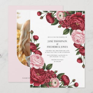 Cranberry & Blush Watercolor Bloemen Huwelijksfoto Kaart