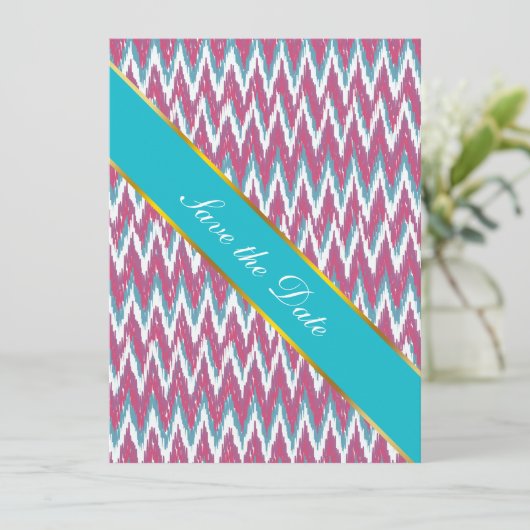 Cranberry en Blauwgroen iKat ZigZag Pattern Save The Date (Staand voorkant)