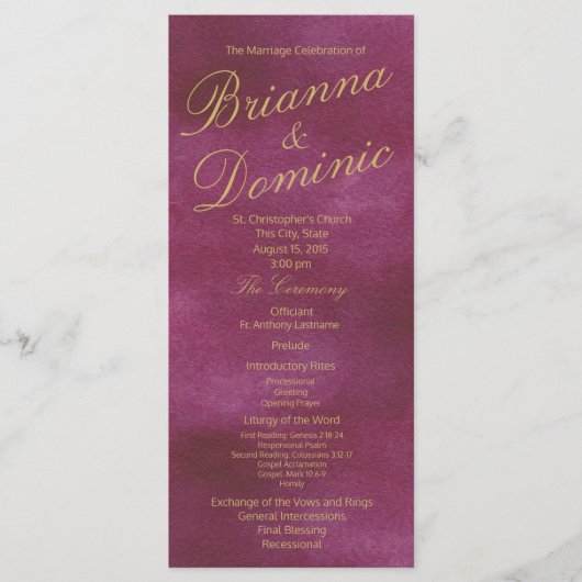 Cranberry en gouden Waterverf bruiloft Programma (Voorkant)