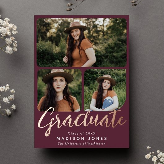 Cranberry Modern Script 4 foto's Afstudeerfeest Folie Uitnodiging