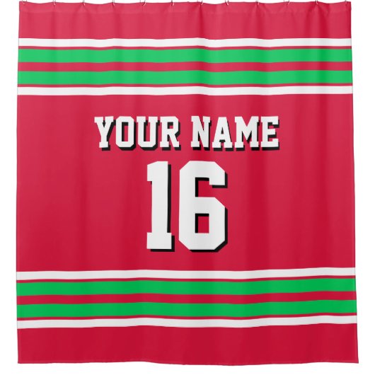 Cranberry Red Emerald Green Stripes Sports Jersey Douchegordijn (Voorkant)