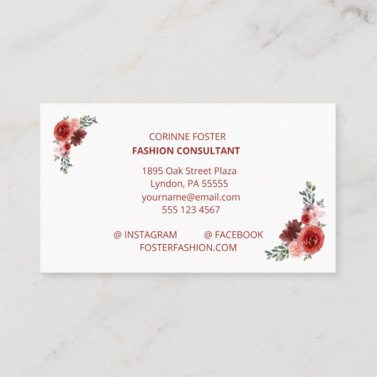Cranberry Red en Blush Pink Floral Gold Foil Visitekaartje (Achterkant)