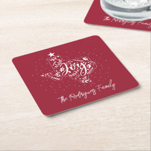 Cranberry Red Joy Holiday Leaves Texas Shape Vierkante Kartonnen Onderzetter
