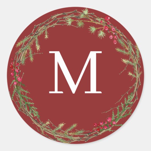 Cranberry Red Rustic Christmas Wreath Monogram Ronde Sticker (Voorkant)