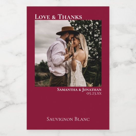 Cranberry Red Wedding Photo Love & Bedankt Mini Wijn Etiket (Enkel label)