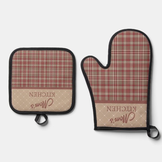 Cranberry Red, White and Tan Ovenwant & Pannenlap Set (Voorkant)