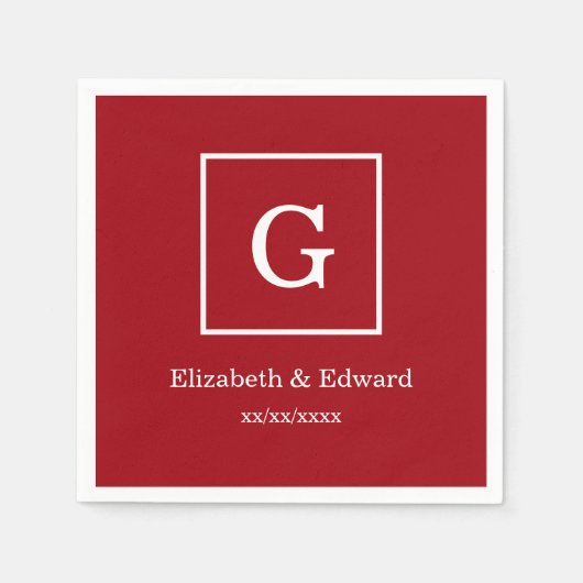 Cranberry Red White Framed Initiaal Monogram Servetten (Voorkant)