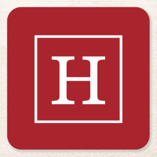 Cranberry Red White Framed Initiaal Monogram Vierkante Kartonnen Onderzetter