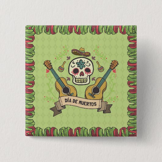 Crâne à sucre et guitares Dia de Muertos | Badge (Devant)