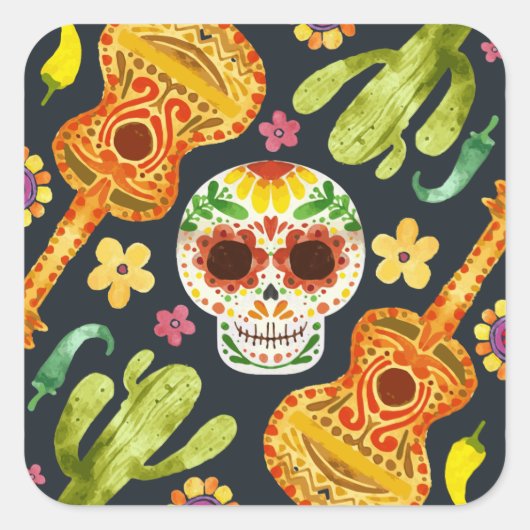 Crâne à sucre et guitares Dia de Muertos | Sticker (Devant)
