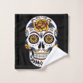 Crâne à sucre rose jaune sur noir (Gant de toilette)