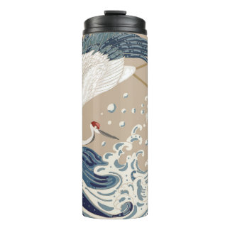 Crane and Japanese wave illustration. Traditional  Thermosbeker
