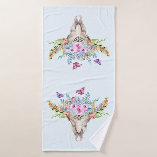 Crâne animal Boho avec papillons et fleurs (Serviette de bain)
