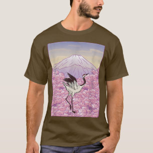 Crane Bird Japanse Sakura Tree Cherry Blossom Flo T-shirt