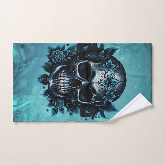 Crâne bleu foncé avec roses. (Serviette à main)
