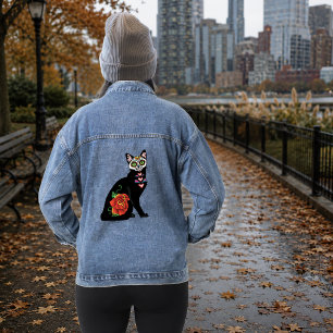 Crâne de Sucre Chat Noir Rose Turquoise Cœur