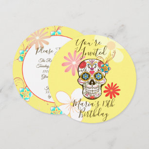 Crâne de sucre jaune, invitation florale hippy égl