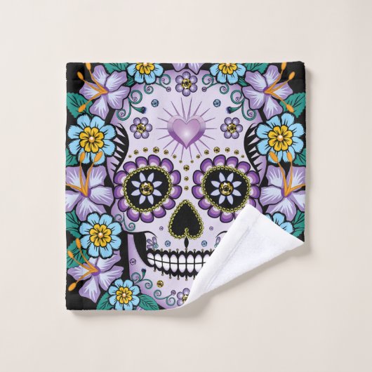 Crâne de sucre pourpre aux fleurs (Gant de toilette)