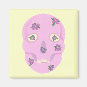 Crâne de sucre rose avec fleurs violettes Magnets