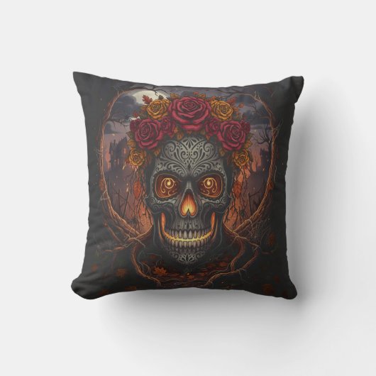 Crâne Día de los Muertos, oreiller à lancer gothiq (Recto)