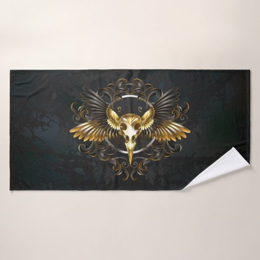 Crâne d'oiseau doré sur fond noir (Serviette de bain)