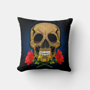 Crâne effrayant et coussin rose.