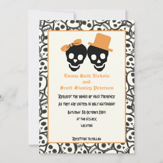 Crâne élégant faire-part de mariage orange d'Hallo (Devant)