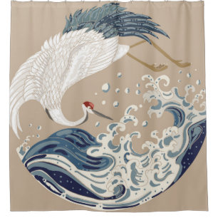 Crane en Japanse golfillustratie. Traditioneel Douchegordijn