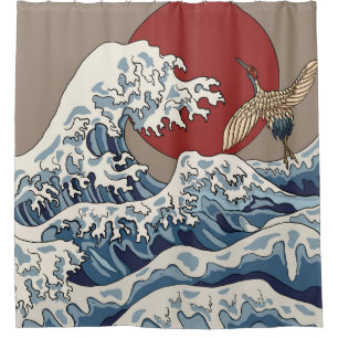 Crane en Japanse golfillustratie Traditionele C Douchegordijn