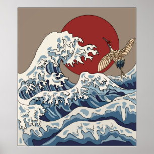 Crane en Japanse golfillustratie Traditionele C Poster