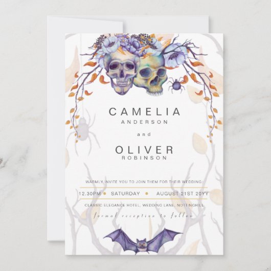 Crâne gothique Faire-part de mariage violet orange (Devant)