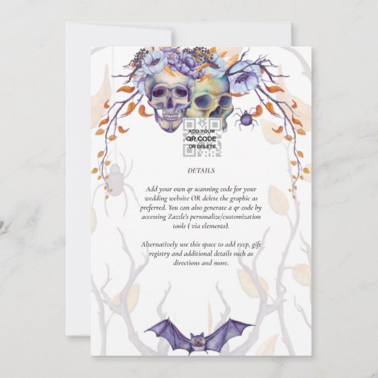 Crâne gothique Faire-part de mariage violet orange (Dos)