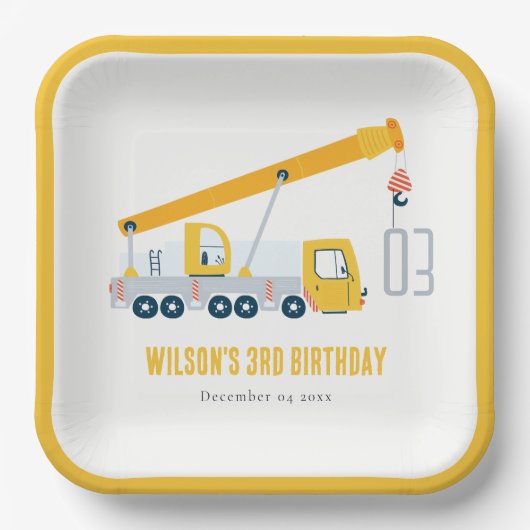 Crane Truck Construction Vehicle Kids Birthday Papieren Bordje (Voorkant)