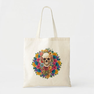 Cráneo vintage rodeado de flores coloridas tote bag