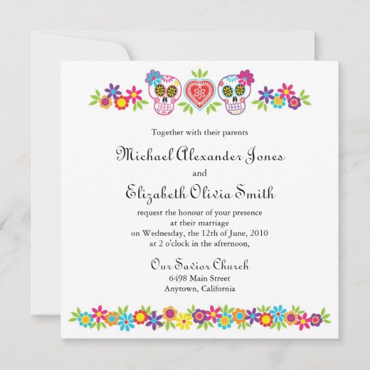 Crânes à sucre et Faire-part de mariage de fleurs (Devant)