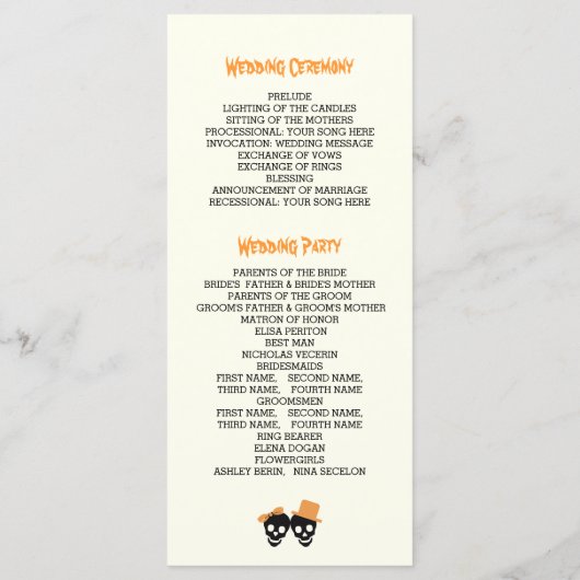 Crânes amusants Programme de mariage d'orange d'Ha (Dos)