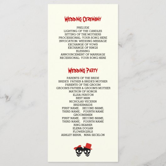 Crânes amusants Programme de mariage rouge Hallowe (Dos)