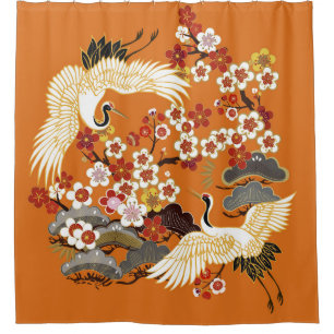 CRANES AND COLOR SAKURA. Colorful floral seamless Douchegordijn