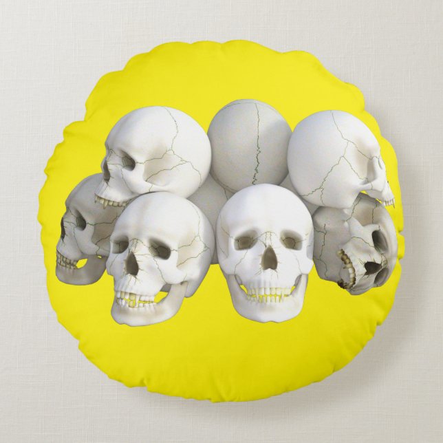 Crânes blancs Coussin rond, arrière - plan jaune (Devant)