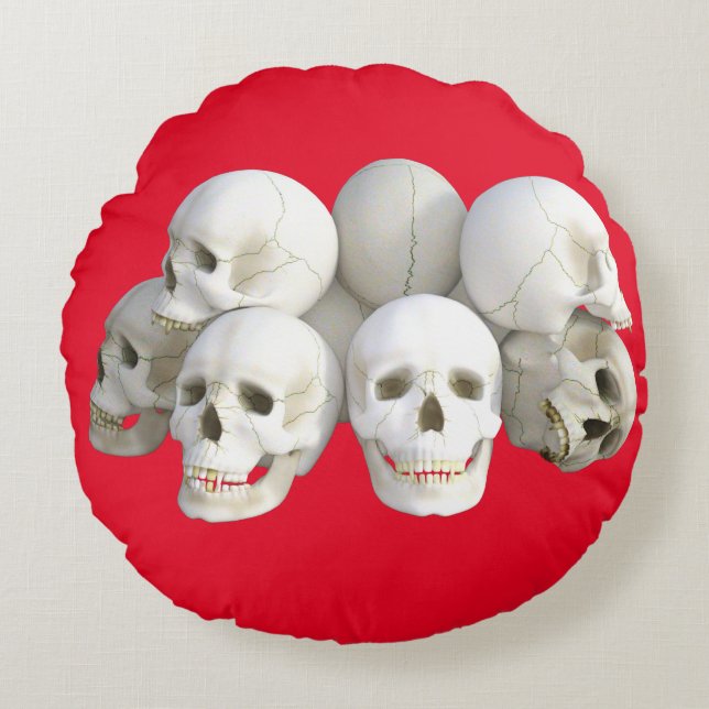 Crânes blancs Coussin rond, arrière - plan rouge (Devant)