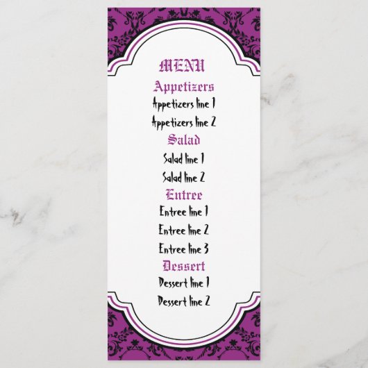 Crânes damask noir, violet mariage carte menu (Dos)
