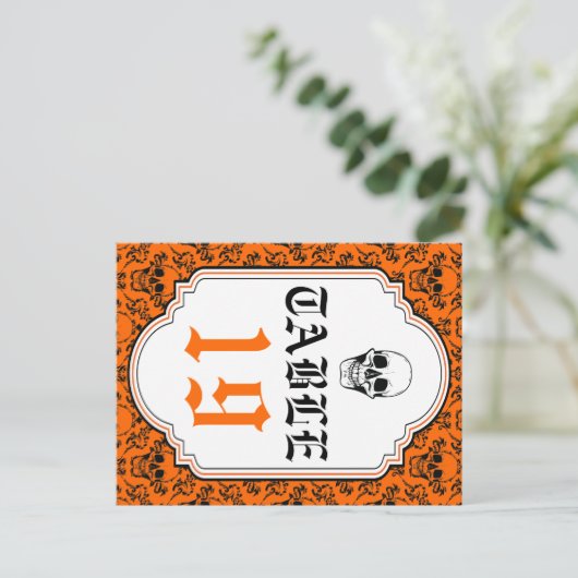 Crânes damask orange, mariage noir numéro de table (Debout devant)