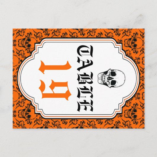 Crânes damask orange, mariage noir numéro de table (Devant)
